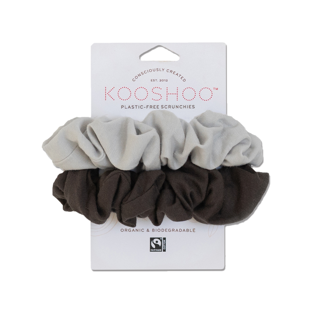 Front facing image of grey and light grey organic scrunchies available for purchase on The Conservationist.