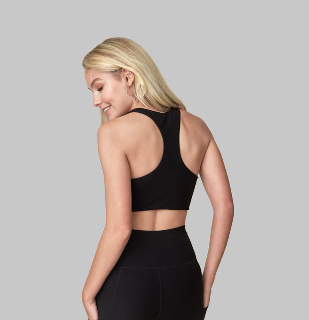 Back facing image of onyx eco-friendly racerback top. Available on The Conservationist. 
